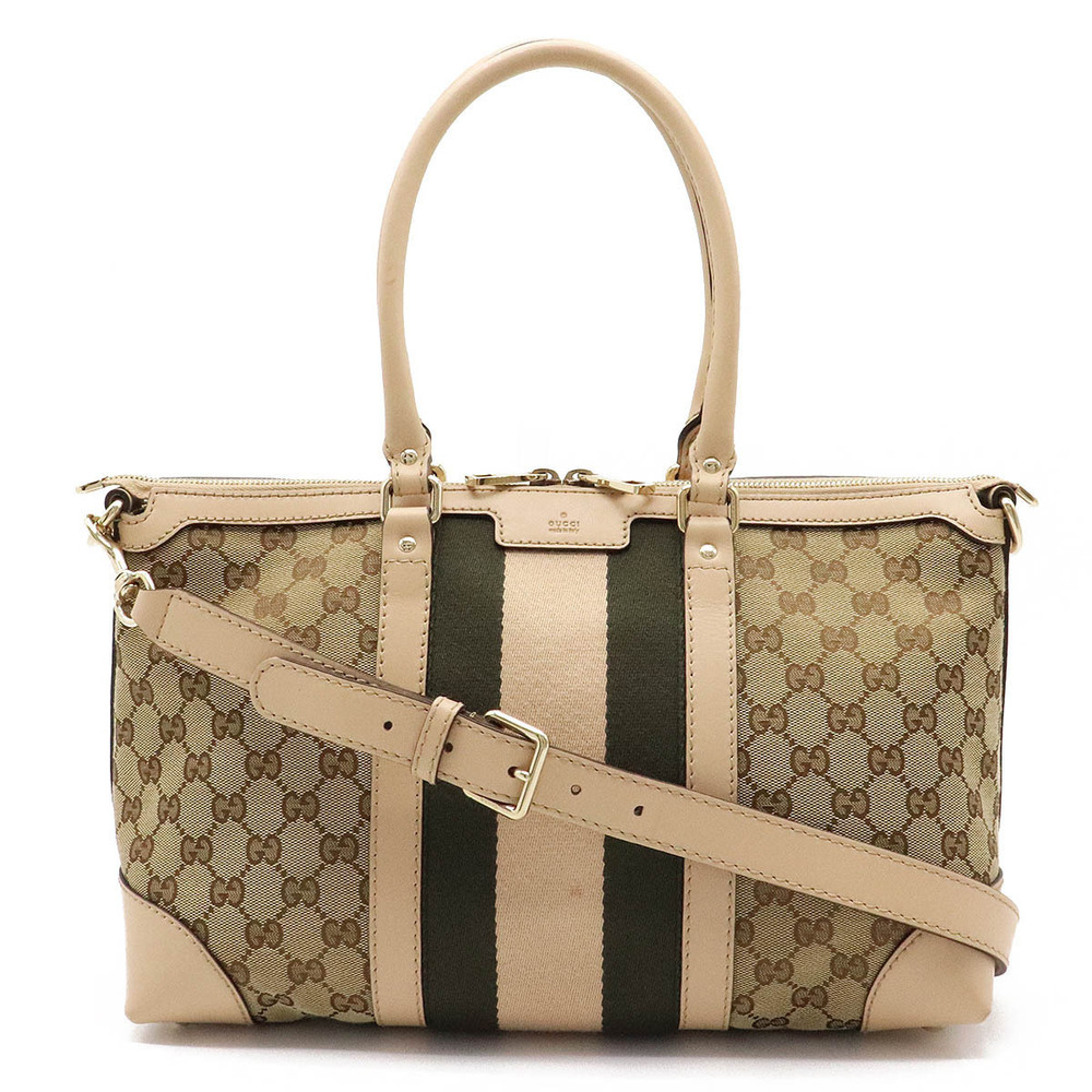 Gucci GG Canvas Web Tote Bag Shoulder Leather Beige Brown Cream Pink